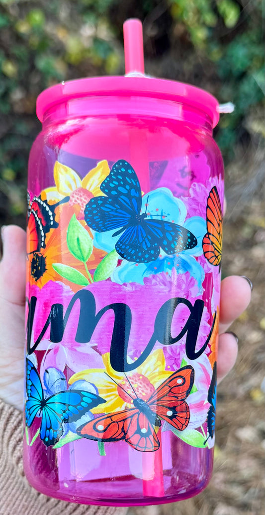 16oz Glass Mama w/ Flowers & Butterflies