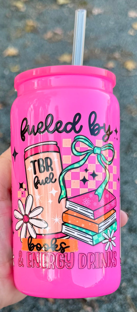 Fueled By Books & Energy Drinks - 16oz Glass Cup
