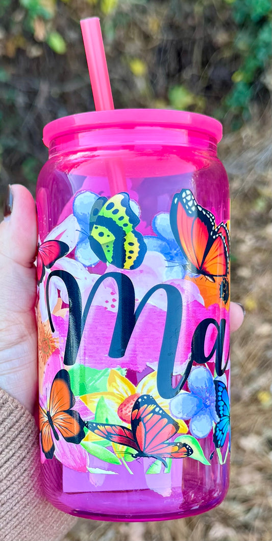 16oz Glass Mama w/ Flowers & Butterflies