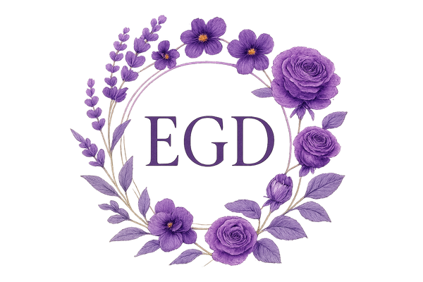 purple floral with initials EGD in a circle